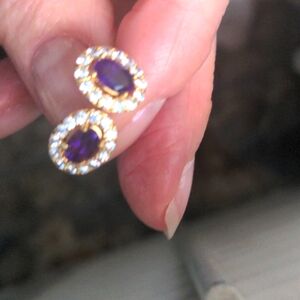 New QVC Amethyst & Zircon Stud  Earrings.  Gold Plated, Dainty, Genuine Gemstone